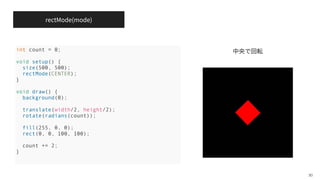 rectMode(mode)
30
int count = 0;
void setup() {
size(500, 500);
rectMode(CENTER);
}
void draw() {
background(0);
translate(width/2, height/2);
rotate(radians(count));
fill(255, 0, 0);
rect(0, 0, 100, 100);
count += 2;
}
 