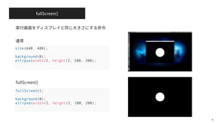 fullScreen()
8
fullScreen();
background(0);
ellipse(width/2, height/2, 200, 200);
size(640, 480);
background(0);
ellipse(width/2, height/2, 200, 200);
fullScreen()
 