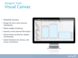 Designer Tools

Visual Canvas
 WYSIWYG interface
 Design for all or each channel
individually
 Native widget rendering
 Dynamic multi-channel flex layout
 Device library of phones, tablets,
and desktop
 Switch between OS, device, and
screen orientation

 