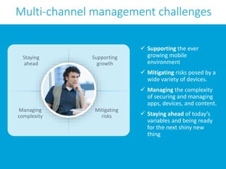 Multi-channel management challenges

Staying
ahead

Supporting
growth

 Supporting the ever
growing mobile
environment

 Mitigating risks posed by a
wide variety of devices.
 Managing the complexity
of securing and managing
apps, devices, and content.
Managing
complexity

Mitigating
risks

 Staying ahead of today’s
variables and being ready
for the next shiny new
thing

 