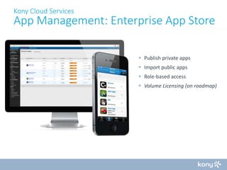 Kony Cloud Services

App Management: Enterprise App Store
 Publish private apps
 Import public apps
 Role-based access
 Volume Licensing (on roadmap)

 