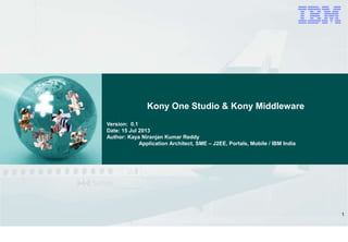 1
Kony One Studio & Kony Middleware
Version: 0.1
Date: 15 Jul 2013
Author: Kaya Niranjan Kumar Reddy
Application Architect, SME – J2EE, Portals, Mobile / IBM India
 