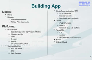 15
Building App
Modes:
 Debug
 Release
– With Print statements
– Without Print statements
Platforms:
 Rich / Native
– BlackBerry (specific OS Version / Model)
– Windows Mobile
– J2ME
– Symbian
– Android
– iOS (iPhone/iPod, iPad)
 Web (Mobile Web)
– All of the above
– BJS
– Basic Devices
 Single Page Application / SPA
– All of the above
– Browser specific
– Both touch and non-touch
 Tablet
– iPad / iPad Mini
– Android
– Windows (e.g.: MS Surface)
 Tablet SPA
– iOS
– Android
– NO Windows (no IE support)
 Kiosks
 Hybrid / Mixed
 