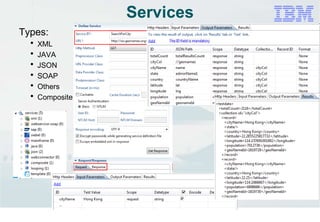 18
Services
Types:
 XML
 JAVA
 JSON
 SOAP
 Others
 Composite
 