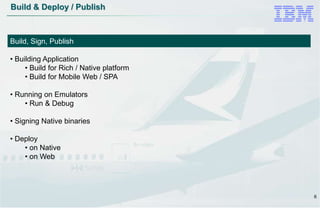 6
Build & Deploy / Publish
Build, Sign, Publish
• Building Application
• Build for Rich / Native platform
• Build for Mobile Web / SPA
• Running on Emulators
• Run & Debug
• Signing Native binaries
• Deploy
• on Native
• on Web
 