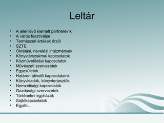 Leltár
• A jelenlévő kiemelt partnereink
• A város fesztiváljai
• Természeti értékek őrzői
• SZTE
• Oktatási, nevelési intézmények
• Könyvtárszakmai kapcsolatok
• Közművelődési kapcsolatok
• Művészeti szervezetek
• Egyesületek
• Határon átívelő kapcsolataink
• Könyvkiadók, könyvterjesztők
• Nemzetiségi kapcsolatok
• Gazdasági szervezetek
• Történelmi egyházak
• Sajtókapcsolatok
• Egyéb…
 
