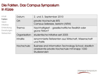 Die Fakten. Das Campus Symposium
in Kürze
Inhalt        Datum:         2. und 3. September 2010
Fakten
Vision
              Ort:           private Hochschule BiTS
Initiative                   Campus Seilersee, Iserlohn (NRW)
Entwicklung   Thema:         Nachhaltigkeit – gesellschaftliche Realität oder
Erwartungen                  grüne Fiktion?
Referenten
              Organisation: studentische Initiative seit 2005
              Inhalte:       renommierte Referenten aus Wirtschaft, Wissenschaft
                             und Politik
              Hochschule:    Business and Information Technology School; staatlich
                             anerkannte private Hochschule mit knapp 1000
                             Studierenden
 