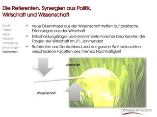 Die Referenten. Synergien aus Politik,
Wirtschaft und Wissenschaft
Inhalt        • neue Erkenntnisse aus der Wissenschaft treffen auf praktische
Fakten            Erfahrungen aus der Wirtschaft
Vision
Initiative
              •   Entscheidungsträger und renommierte Forscher beantworten die
Entwicklung
                  Fragen der Wirtschaft im 21. Jahrhundert
Erwartungen   •   Referenten aus Deutschland und der ganzen Welt beleuchten
Referenten        verschiedene Facetten des Themas Nachhaltigkeit


                                    Wirtschaft




                    Wissenschaft
 