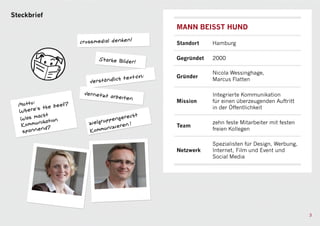 Steckbrief
             MANN BEISST HUND

             Standort    Hamburg

             Gegründet   2000

                         Nicola Wessinghage,
             Gründer
                         Marcus Flatten

                         Integrierte Kommunikation
             Mission     für einen überzeugenden Auftritt
                         in der Öffentlichkeit

                         zehn feste Mitarbeiter mit festen
             Team
                         freien Kollegen

                         Spezialisten für Design, Werbung,
             Netzwerk    Internet, Film und Event und
                         Social Media




                                                             3
 
