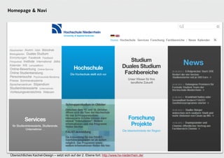 Homepage & Navi




                                                                                                   38
 Übersichtliches Kachel-Design – setzt sich auf der 2. Ebene fort: http://www.hs-niederrhein.de/
 