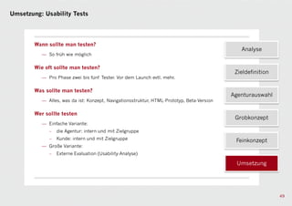 Umsetzung: Usability Tests




        Wann sollte man testen?
                                                                                              Analyse
          — So früh wie möglich

        Wie oft sollte man testen?
                                                                                            Zieldefinition
          — Pro Phase zwei bis fünf Tester. Vor dem Launch evtl. mehr.

        Was sollte man testen?
                                                                                           Agenturauswahl
          — Alles, was da ist: Konzept, Navigationsstruktur, HTML-Prototyp, Beta-Version

        Wer sollte testen
                                                                                            Grobkonzept
          — Einfache Variante:
                die Agentur: intern und mit Zielgruppe
                Kunde: intern und mit Zielgruppe                                            Feinkonzept
          — Große Variante:
                Externe Evaluation (Usability-Analyse)

                                                                                             Umsetzung




                                                                                                             49
 
