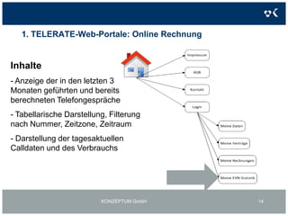 1. TELERATE-Web-Portale: Online RechnungKONZEPTUM GmbH12Inhalte:Rechnungen der letzten 12 Monate (Tabellenform)