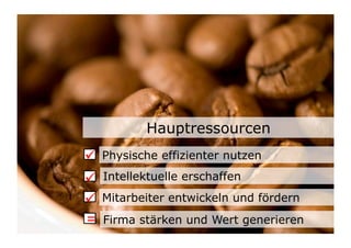 Hauptressourcen
	

 Physische effizienter nutzen
	

 Intellektuelle erschaffen
	

 Mitarbeiter entwickeln und fördern
= Firma stärken und Wert generieren       19	

 