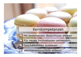 Kernkompetenzen
	

 Mit bestehenden Bedürfnisse decken
	

 Für neues Innovationen verwenden
	

 Geschäftsfelder ausbauen
= Wettbewerbsvorteile sichern             20	

 