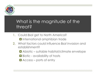 What is the magnitude of the
threat?
1.  Could Bsal get to North America?
¤ International amphibian trade
2.  What factor...