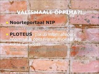 VÄLISMAALE ÕPPIMA?! Noorteportaal NIP   http://www.nip.ee/page/74/7 PLOTEUS - pakub informatsiooni õppimise ja õpilasvahetusvõimaluste kohta Euroopas.  http://ec.europa.eu/ploteus/home.jsp?language=et   