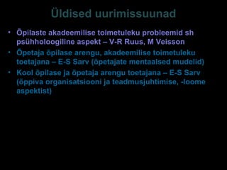 E-S Sarv 2012/13 14
Üldised uurimissuunad
• Õpilaste akadeemilise toimetuleku probleemid sh
psühholoogiline aspekt – V-R Ruus, M Veisson
• Õpetaja õpilase arengu, akadeemilise toimetuleku
toetajana – E-S Sarv (õpetajate mentaalsed mudelid)
• Kool õpilase ja õpetaja arengu toetajana – E-S Sarv
(õppiva organisatsiooni ja teadmusjuhtimise, -loome
aspektist)
• Lapsevanem õpilase arengu, akadeemilise toimetuleku
toetajana – K Lukk
• Sotsiaalse ja kultuurikeskkonna, keelelise aspekti jm
valdkonnad – M Veisson, M Leino, L Ots
Üldine lähenemisviis (metodoloogia) – ökoloogiline
vaateviis ja pehme süsteemilähenemine (nt
Bronfenbrenner, Moos, Senge, Nonaka&Takeuchi jt)
 