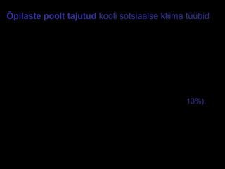 E-S Sarv 2012/13 15
Õpilaste poolt tajutud kooli sotsiaalse kliima tüübid
1) õpilasvaenulik (137 õpilast, 4 % vastanutest), õpilasele
tundub, et õpetajate suhtumine on ebasõbralik, nad teevad
oma tööd vastumeelselt, kooli väärtuste ampluaa on kitsas,
peamine pressing on õppeedukusel;
2) formaalne (1498 õpilast, st 39% ), - kooli väärtuste
ampluaa on keskmisest tunduvalt kitsam, ühekülgselt on
esiplaanil õppeedukus, õpetajad on keskmisest
vähehoolivamad, keskmisest madalam on innovaatilisus,
traditsioonide austamine, õpetajate professionaalsus;
3) õpilassõbralik-edasipürgiv-nõudlik (497 õpilast, 13%), -
keskmisest tunduvalt avaram väärtussüsteem, kõrgem
innovaatilisus, austus traditsioonide vastu ja rangem
koolikord, õpilast abistav ja austav ning nõudlik,
professionaalne õpetaja;
4) keskpärane (1693 õpilast, 44%), mille puhul mistahes
tunnust tajutakse keskmiselähedasena
Vt Ruus jt 2007
 