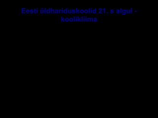 Eesti üldhariduskoolid 21. s algul -
koolikliima
Õpilaste tajutud koolikliima poolest kolm koolide
põhitüüpi:
– edukad-soojad-elujõulised,
– keskmiselt edukad-külmad-ellujääjad,
– vähemedukad–soojad-heitunud (Ruus, Veisson 2007:
56-58).
Õpilaste ja õpetajate taju põhjal – kaks
eraldiseisvat kogukonda, mis paljudes koolides
“elavad sissepoole”: õpilaskond, õpetajaskond.
(Ruus, Sarv 2010)
E-S Sarv Tartu 2013 16
 