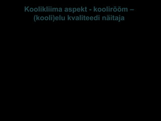 Koolikliima aspekt - koolirõõm –
(kooli)elu kvaliteedi näitaja
Õnnelikkus – rõõm, huvi, entusiasm, rahulolu oma
eluga, heaolu. (Sc Huebner)
Õnnelik täiskasvanu – elab kauem, on tervem,
produktiivsem, paremates suhetes (Lyubormirsky,
King, Diener 2005)
Õnnelik nooruk – õnnelikkus koolis, kodus,
kogukonnas – parem käitumine, hinded, suhted
kaasõpilaste ja õpetajatega, tervis, osalus klassi-
koolivälises tegevuses, vähem probleeme
riskikäitumisega (sh alkohol, narkootikumid jmt) ning
vaimse tervisega, harvem kiusatavad.
E-S Sarv Tartu 2013 Ga 18
 