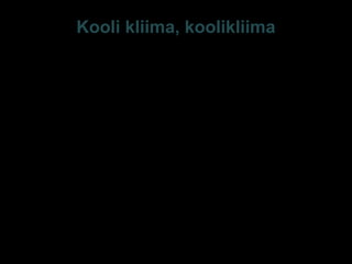 Kooli kliima, koolikliima
Kooli kliima / koolikliima - kooli kui
organisatsiooni kvaliteet - kooli ökoloogia,
miljöö, sotsiaalne süsteem, kultuur (Anderson
1982) - s.o kooli mõõdetavad dimensioonid.
Kooli kultuur / koolikultuur - väärtused,
koolielu eri aspektide tähendused ja nende
kasutamine inimeste poolt, ka müüdid,
legendid, sümbolid jne
E-S Sarv Tartu 2013 5
 