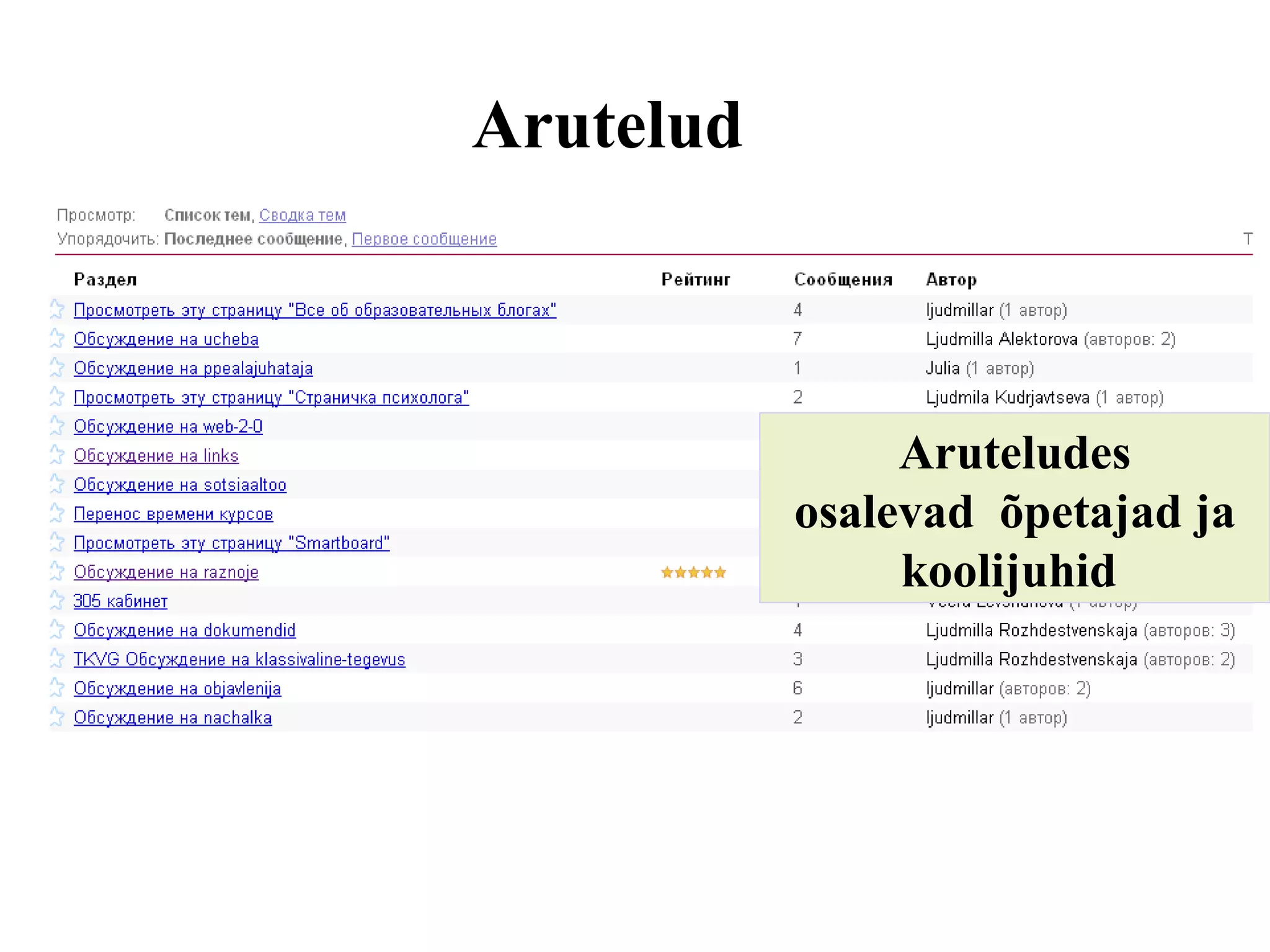 Arutelud Aruteludes osalevad  õpetajad  ja  koolijuhid  