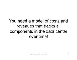 You need a model of costs and 
revenues that tracks all 
components in the data center 
over time! 
Copyright 
Jonathan 
G. 
Koomey 
2014 
18 
 