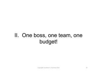 II. One boss, one team, one 
budget! 
Copyright 
Jonathan 
G. 
Koomey 
2014 
19 
 