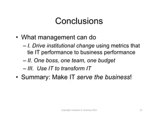 Conclusions 
• What management can do 
– I. Drive institutional change using metrics that 
tie IT performance to business performance 
– II. One boss, one team, one budget 
– III. Use IT to transform IT 
• Summary: Make IT serve the business! 
Copyright 
Jonathan 
G. 
Koomey 
2014 
21 
 