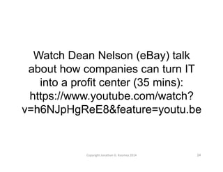 Watch Dean Nelson (eBay) talk 
about how companies can turn IT 
into a profit center (35 mins): 
https://www.youtube.com/watch? 
v=h6NJpHgReE8&feature=youtu.be 
Copyright 
Jonathan 
G. 
Koomey 
2014 
24 
 