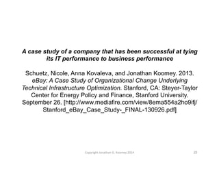A case study of a company that has been successful at tying 
its IT performance to business performance 
Schuetz, Nicole, Anna Kovaleva, and Jonathan Koomey. 2013. 
eBay: A Case Study of Organizational Change Underlying 
Technical Infrastructure Optimization. Stanford, CA: Steyer-Taylor 
Center for Energy Policy and Finance, Stanford University. 
September 26. [http://www.mediafire.com/view/8ema554a2ho9ifj/ 
Stanford_eBay_Case_Study-_FINAL-130926.pdf] 
Copyright 
Jonathan 
G. 
Koomey 
2014 
25 
