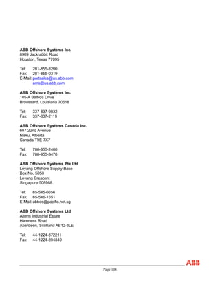 Page 108
ABB Offshore Systems Inc.
8909 Jackrabbit Road
Houston, Texas 77095
Tel: 281-855-3200
Fax: 281-855-0319
E-Mail: partsales@us.abb.com
ams@us.abb.com
ABB Offshore Systems Inc.
105-A Balboa Drive
Broussard, Louisiana 70518
Tel: 337-837-9832
Fax: 337-837-2119
ABB Offshore Systems Canada Inc.
607 22nd Avenue
Nisku, Alberta
Canada T9E 7X7
Tel: 780-955-2400
Fax: 780-955-3470
ABB Offshore Systems Pte Ltd
Loyang Offshore Supply Base
Box No. 5058
Loyang Crescent
Singapore 508988
Tel: 65-545-6656
Fax: 65-546-1551
E-Mail: abbos@pacific.net.sg
ABB Offshore Systems Ltd
Altens Industrial Estate
Hareness Road
Aberdeen, Scotland AB12-3LE
Tel: 44-1224-872211
Fax: 44-1224-894840
REQUEST FOR QUOTE
 
