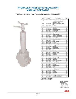Page 25
HYDRAULIC PRESSURE REGULATOR
MANUAL OPERATOR
PART NO. 1110-2100 - 3/4" FULL FLOW MANUAL REGULATOR
Item Part No. Description Qty
Assy. 1110-2100 3/4" Full Flow, Manual,
Pressure Reducing and
Regulating Valve
Kit 1110-2199 Repair Kit (Contains Seal
Kit)
Kit 1110-2197 Seal Kit
1 1110-0114 Handle 1
2 1110-0115 Set Screw 2
3 1110-0116 Adjusting Screw 1
4 1110-0117 Lock, Handle 1
5 1110-0118 Sealing Plug 1
6 1110-0119 Ball 1
7 1110-0120 Guide, Spring 1
8 1110-2117 Spring, Compression 1
9 1110-2118 Spring, Compression 1
10 1110-0124 Spring, Plate 1
11 1110-2119 Adjustment Head 1
12 8526-2024 Screw 32
13 1110-2101 Guide, Plunger 1
14 ** 8717-2228 O-Ring 2
15 ** 8842-2016 Back-Up Ring 1
16 ** 8717-2016 O-Ring 1
17 1110-2102 Plunger 1
18 1110-2113 Pin Retainer 1
19 1110-2106 Seal Container 1
20 1110-2112 Pin 1
21 * 1110-2122 Wave Spring 1
22 ** 8841-2017 Back-Up Ring 2
23 ** 8717-2017 O-Ring 2
24 * 1110-2121 Seal Ring 2
25 * 1110-2108 Spring 2
26 ** 8841-2020 Back-Up Ring 4
27 ** 8717-2020 O-Ring 4
28 * 1110-2104 Seal Ring 4
29 * 1110-2114 Screw (Qty. 5 in R.K.) 4
30 1110-2110 Flange, Blind 1
31 * 1110-2109 Flow Plate, Blind 1
32 ** 8717-2220 O-Ring 1
33 1110-2111 Flange, 1" Pipe 1
34 1110-2116 Screw 6
35 1110-2115 Plug 2
36 1110-2120 Flange, Lower 1
37 1110-2107 Body 1
38 ** 8717-2145 O-Ring 2
39 * 1110-2105 Flow Port 1
40 1110-2103 Flange 1
41 ** 8717-2026 O-Ring (Not Shown) 1
42 ** 8717-2018 O-Ring (Not Shown) 1
* Included in Repair Kit
** Included in Seal Kit
Part No. 1110-2100
Dimensions:
Height – 22"
Width – 6-7/8"
Depth – 5-1/4"
Weight: 48 pounds
 