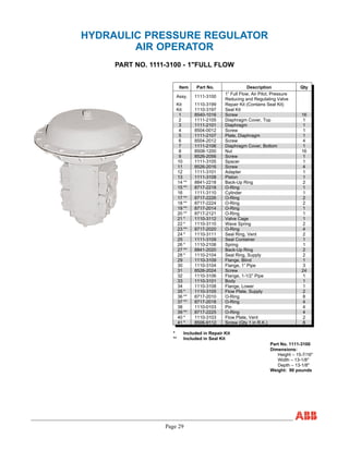Page 29
HYDRAULIC PRESSURE REGULATOR
AIR OPERATOR
PART NO. 1111-3100 - 1"FULL FLOW
Item Part No. Description Qty
Assy. 1111-3100
1” Full Flow, Air Pilot, Pressure
Reducing and Regulating Valve
Kit 1110-3199 Repair Kit (Contains Seal Kit)
Kit 1110-3197 Seal Kit
1 8540-1016 Screw 16
2 1111-2105 Diaphragm Cover, Top 1
3 1111-2101 Diaphragm 1
4 8504-0012 Screw 1
5 1111-2107 Plate, Diaphragm 1
6 8504-2012 Screw 4
7 1111-2106 Diaphragm Cover, Bottom 1
8 8508-1200 Nut 16
9 8526-2056 Screw 1
10 1111-3105 Spacer 1
11 8526-2016 Screw 4
12 1111-3101 Adapter 1
13 1111-3108 Piston 1
14 ** 8841-2218 Back-Up Ring 2
15 ** 8717-2218 O-Ring 1
16 1111-3110 Cylinder 1
17 ** 8717-2226 O-Ring 2
18 ** 8717-2224 O-Ring 2
19 ** 8717-2014 O-Ring 1
20 ** 8717-2121 O-Ring 1
21 * 1110-3112 Valve Cage 1
22 * 1110-3110 Wave Spring 2
23 ** 8717-2020 O-Ring 4
24 * 1110-3111 Seal Ring, Vent 2
25 1111-3109 Seal Container 1
26 * 1110-2108 Spring 1
27 ** 8841-2020 Back-Up Ring 2
28 * 1110-2104 Seal Ring, Supply 2
29 1110-3109 Flange, Blind 1
30 1110-3104 Flange, 1” Pipe 3
31 8526-2024 Screw 24
32 1110-3106 Flange, 1-1/2” Pipe 1
33 1110-3101 Body 1
34 1110-3108 Flange, Lower 1
35 * 1110-3105 Flow Plate, Supply 2
36 ** 8717-2010 O-Ring 8
37 ** 8717-2018 O-Ring 4
38 1110-0103 Pin 4
39 ** 8717-2225 O-Ring 4
40 * 1110-3103 Flow Plate, Vent 2
41 * 8506-9112 Screw (Qty 1 in R.K.) 8
* Included in Repair Kit
** Included in Seal Kit
Part No. 1111-3100
Dimensions:
Height – 15-7/16"
Width – 13-1/8"
Depth – 13-1/8"
Weight: 90 pounds
 