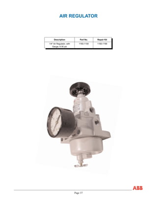 Page 37
AIR REGULATOR
Description Part No. Repair Kit
1/4" Air Regulator, with
Gauge, 0-30 psi
1160-1100 1160-1199
 