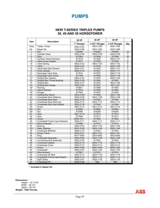 Page 85
PUMPS
NEW T-SERIES TRIPLEX PUMPS
30, 40 AND 50 HORSEPOWER
30 HP 40 HP 50 HP
Item Description
1" Plunger 1-1/8"- Plunger 1-1/4"-Plunger Qty
Assy Triplex Pump 3002-0100 3003-1200 3003-1300
Kit Repair Kit 3002-0199 3003-1299 3003-1399
1 Nut 816285 816283 816283 24
2 Cylinder Head 3002-2126 3002-2126 3002-2126 3
3 Stud 817904 817908 817909 24
4 Cylinder Head Extension 817818 817840 3003-1127 3
5* Valve Cover Gasket 817817 817839 817849 6
6* Valve Spring 3002-2122 3003-1122 3003-1122 6
7* Valve 3002-2120 817834 3003-1120 6
8* Valve Seat (Not Shown) 3002-2121 817833 3003-1121 6
9 Fluid Cylinder 3002-2118 817827 3003-1117 1
10 Discharge Valve Stop 817814 817837 3003-1119 3
11 Discharge Valve Cover 817799 817838 3003-1118 3
12* Stuffing Box Gasket 3002-2124 817843 3003-1124 3
13 Stuffing Box Throat Bushing 3002-2130 817844 817852 3
14 Stuffing Box 3002-2127 817842 3003-1128 3
15 Stuffing Box Flange 3002-2123 817841 300-1123 1
16* Packing 819821 817848 817855 3
17 Gland Follower 817819 817845 817853 3
18* Plunger 817820 817847 817854 3
19 Stuffing Box Gland 3002-2128 817846 3003-1129 3
20 Crosshead Stub Deflector 3002-2108 3003-1108 3003-1108 3
21* Crosshead Stub Seal 3002-2118 817825 817825 6
22 Crosshead Stub Seal Cap 3002-2113 3003-1113 3003-1113 3
23 Crosshead Stub Seal Gasket 3002-2116 817826 817826 3
24 Screw 3001-3114 3001-3114 3001-3114 6
25* Nut 816284 816283 816283 8
26* Nut 816286 816284 816284 4
27 Stud 3001-3113 817910 817910 8
28 Stud 817905 817911 817911 4
29 Screw 8540-1011 817824 817824 12
30 Crankshaft Frame Cap-Outboard 3002-2111 3003-1111 3003-1111 1
31* Shim-Outboard 817906 817913 817913 6
32 Bearing 3002-2104 3003-1104 3003-1104 2
33 Race, Bearing 3001-2140 3003-1140 3003-1140 2
34 Crankcase Breather 3006-2119 817822 817822 1
35 Power Frame 3002-2101 3003-1101 3003-1101 1
36 Plug 8017-0500 3003-0500 3003-0500 3
37 Crosshead Assembly 3002-2196 3003-1105 3003-1105 3
38 Connecting Rod Assembly 3002-2102 817823 817823 3
39 Crankcase Gasket 3002-2115 3003-1115 3003-1115 1
40 Crankcase Cover 3002-2114 3003-0114 3003-0114 1
41 Screw 8540-1009 8540-1009 8540-1009 12
42 Crankshaft 3002-2103 3003-1103 3003-1103 1
43* Shim-Inboard 817907 817912 817912 3
44 Crankcase Oil Seal 3002-2117 3003-1116 3003-1116 1
45 Crankshaft Frame Cap-Inboard 3002-2112 3003-1112 3003-1112 1
46 Sight Glass 3002-2141 3003-1135 3003-1135 1
47 Crosshead Pin 3002-0106 TBD TBD 3
* Included in Repair Kit
Dimensions :
Height – 14-11/16"
Width – 25-1/2"
Depth – 38-1/4"
Weight : 1020 Pounds
 