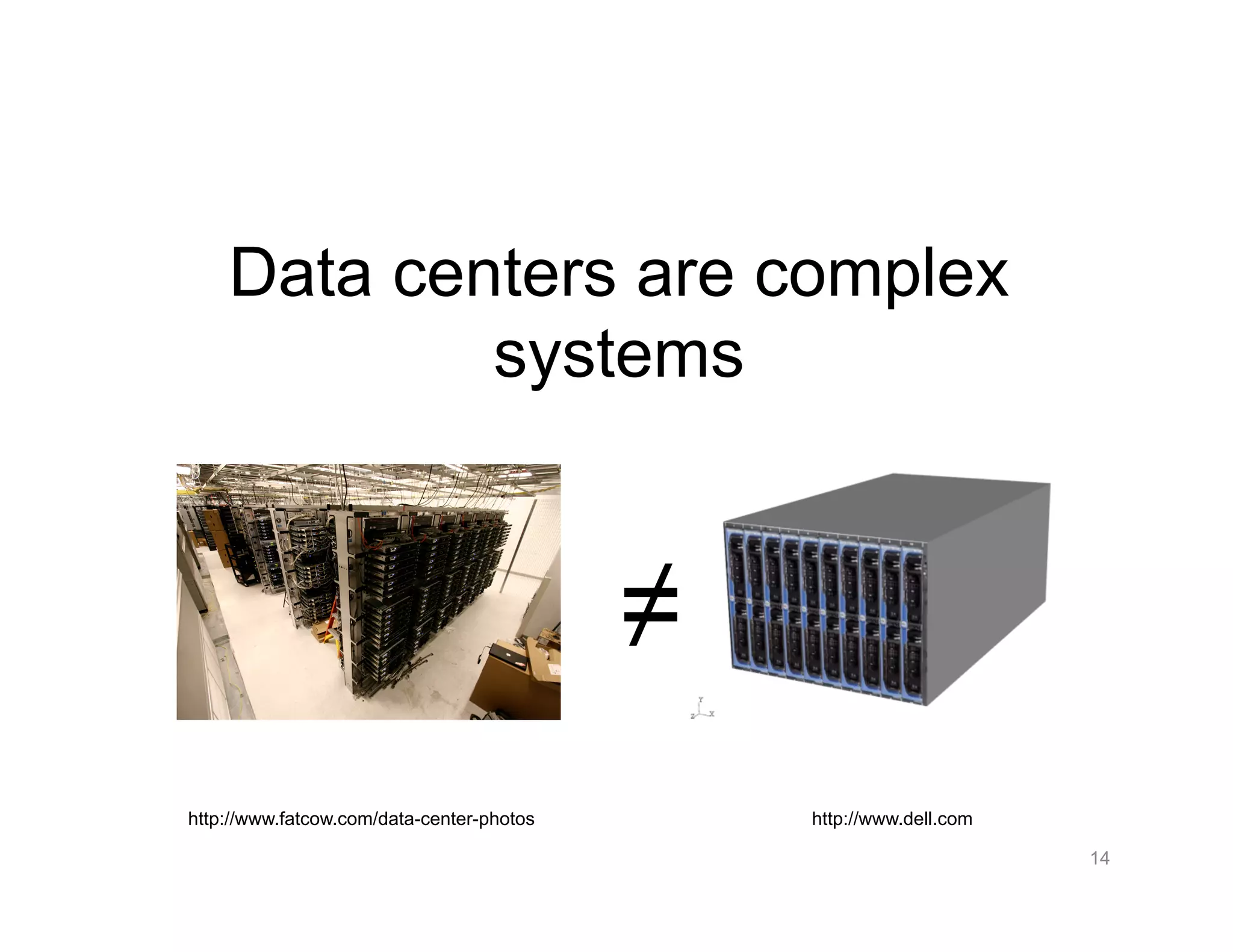 Data centers are complex
systems
≠
14
http://www.fatcow.com/data-center-photos http://www.dell.com
 