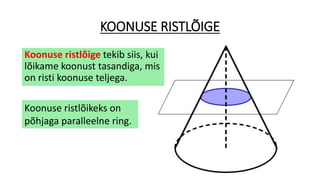 KOONUSE RISTLÕIGE
Koonuse ristlõige tekib siis, kui
lõikame koonust tasandiga, mis
on risti koonuse teljega.
Koonuse ristlõikeks on
põhjaga paralleelne ring.
 