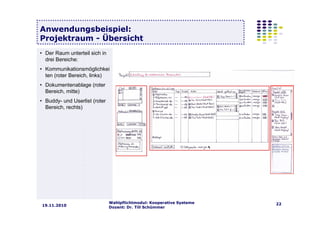 Wahlpflichtmodul: Kooperative Systeme
Dozent: Dr. Till Schümmer
2219.11.2010
Anwendungsbeispiel:
Projektraum - Übersicht
• Der Raum unterteil sich in
drei Bereiche:
• Kommunikationsmöglichkei
ten (roter Bereich, links)
• Dokumentenablage (roter
Bereich, mitte)
• Buddy- und Userlist (roter
Bereich, rechts)
 