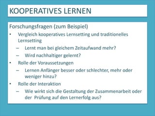 KOOPERATIVES LERNENForschungsfragen (zum Beispiel)Vergleich kooperatives Lernsetting und traditionelles LernsettingLernt man bei gleichem Zeitaufwand mehr?Wird nachhaltiger gelernt?Rolle der VoraussetzungenLernen Anfänger besser oder schlechter, mehr oder weniger hinzu?Rolle der InteraktionWie wirkt sich die Gestaltung der Zusammenarbeit oder der  Prüfung auf den Lernerfolg aus?Quelle und mehr: T. Leuders, Erläuterungen zu Modul 8: Entwicklung von Aufgaben für die Kooperation von Schülern, 2006  URL: http://sinus-transfer.uni-bayreuth.de/fileadmin/MaterialienBT/Leuders_Kooperatives_Lernen.pdf