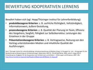 BEWERTUNG KOOPERATIVEN LERNENSNach  Thüringer Institut für Lehrerfortbildung, Lehrplanentwicklung und Medien (Hrsg.): In Gruppen ler- nen – Anregungen für die Beobachtung und Bewertung von Schülerleistungen. Materialien Heft 92, ThILLM Bad Berka, 2004; siehe R. Hepp (2011). Entwicklung von Aufgaben für die Kooperation von Schülerinnen und Schülern – Erfahrungen und Hinweise, 2007, URL: http://sinus-transfer.uni-bayreuth.de/fileadmin/MaterialienBT/Modul_8_Hepp.pdf