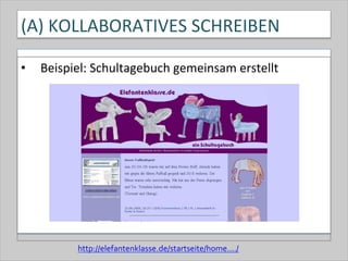 (A)	
  KOLLABORATIVES	
  SCHREIBEN	
  
•  Beispiel:	
  Schultagebuch	
  gemeinsam	
  erstellt	
  
http://elefantenklasse.de/startseite/home..../
 
