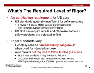 What’s The Required Level of Rigor? 
• No certification requirement for US cars 
• US standards generally insufficient for...