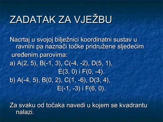 ZADATAK ZA VJEŽBU
Nacrtaj u svojoj bilježnici koordinatni sustav u
  ravnini pa naznači točke pridružene sljedećim
 uređenim parovima:
a) A(2, 5), B(-1, 3), C(-4, -2), D(5, 1),
                   E(3, 0) i F(0, -4).
b) A(-4, 5), B(0, 2), C(1, -6), D(3, 4),
                   E(-1, -3) i F(6, 0).

Za svaku od točaka navedi u kojem se kvadrantu
  nalazi.
 