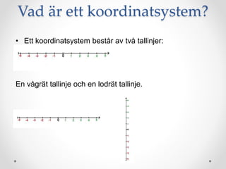 Vad är ett koordinatsystem?
• Ett koordinatsystem består av två tallinjer:
En vågrät tallinje och en lodrät tallinje.
 