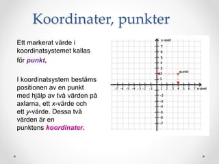 Koordinater, punkter
Ett markerat värde i
koordinatsystemet kallas
för punkt,
I koordinatsystem bestäms
positionen av en punkt
med hjälp av två värden på
axlarna, ett x-värde och
ett y-värde. Dessa två
värden är en
punktens koordinater.
 