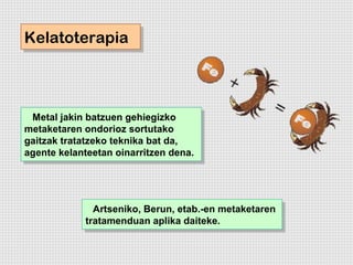 Kelatoterapia
Kelatoterapia



  Metal jakin batzuen gehiegizko
  Metal jakin batzuen gehiegizko
metaketaren ondorioz sortutako
 metaketaren ondorioz sortutako
gaitzak tratatzeko teknika bat da,
 gaitzak tratatzeko teknika bat da,
agente kelanteetan oinarritzen dena.
 agente kelanteetan oinarritzen dena.




               Artseniko, Berun, etab.-en metaketaren
                Artseniko, Berun, etab.-en metaketaren
             tratamenduan aplika daiteke.
              tratamenduan aplika daiteke.
 