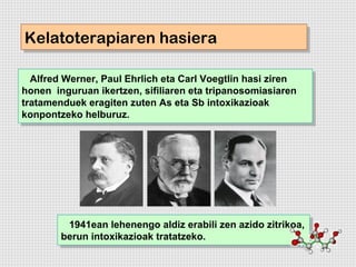 Kelatoterapiaren hasiera
Kelatoterapiaren hasiera

  Alfred Werner, Paul Ehrlich eta Carl Voegtlin hasi ziren
   Alfred Werner, Paul Ehrlich eta Carl Voegtlin hasi ziren
honen inguruan ikertzen, sifiliaren eta tripanosomiasiaren
 honen inguruan ikertzen, sifiliaren eta tripanosomiasiaren
tratamenduek eragiten zuten As eta Sb intoxikazioak
 tratamenduek eragiten zuten As eta Sb intoxikazioak
konpontzeko helburuz.
 konpontzeko helburuz.




         1941ean lehenengo aldiz erabili zen azido zitrikoa,
          1941ean lehenengo aldiz erabili zen azido zitrikoa,
        berun intoxikazioak tratatzeko.
        berun intoxikazioak tratatzeko.
 