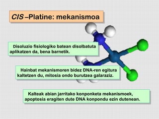 CIS –Platine: mekanismoa
CIS –Platine: mekanismoa


 Disoluzio fisiologiko batean disolbatuta
 Disoluzio fisiologiko batean disolbatuta
aplikatzen da, bena barnetik.
 aplikatzen da, bena barnetik.


     Hainbat mekanismoren bidez DNA-ren egitura
     Hainbat mekanismoren bidez DNA-ren egitura
   kaltetzen du, mitosia ondo burutzea galaraziz.
    kaltetzen du, mitosia ondo burutzea galaraziz.


         Kalteak abian jarritako konponketa mekanismoek,
         Kalteak abian jarritako konponketa mekanismoek,
       apoptosia eragiten dute DNA konpondu ezin dutenean.
        apoptosia eragiten dute DNA konpondu ezin dutenean.
 