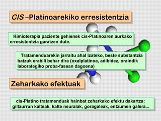 CIS –Platinoarekiko erresistentzia
CIS –Platinoarekiko erresistentzia

  Kimioterapia paziente gehienek cis-Platinoaren aurkako
   Kimioterapia paziente gehienek cis-Platinoaren aurkako
erresistentzia garatzen dute.
 erresistentzia garatzen dute.

     Tratamenduarekin jarraitu ahal izateko, beste substantzia
      Tratamenduarekin jarraitu ahal izateko, beste substantzia
   batzuk erabili behar dira (oxalplatinoa, adibidez, oraindik
    batzuk erabili behar dira (oxalplatinoa, adibidez, oraindik
   laborategiko proba-fasean dagoena)
    laborategiko proba-fasean dagoena)


Zeharkako efektuak
Zeharkako efektuak

   cis-Platino tratamenduak hainbat zeharkako efektu dakartza:
    cis-Platino tratamenduak hainbat zeharkako efektu dakartza:
 giltzurrun kalteak, kalte neuralak, goragaleak, entzumen galera...
 giltzurrun kalteak, kalte neuralak, goragaleak, entzumen galera...
 